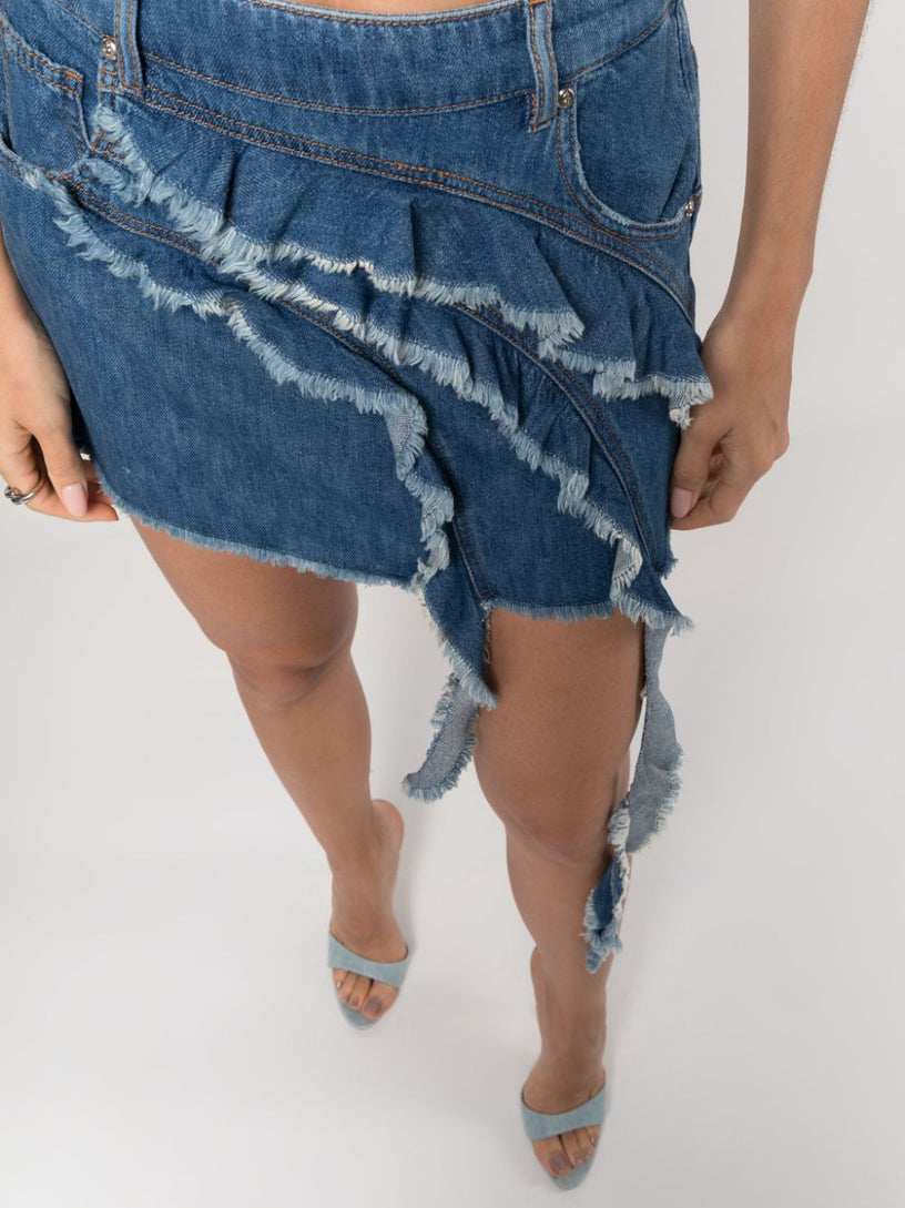 Denim mini skirt w/ ruches