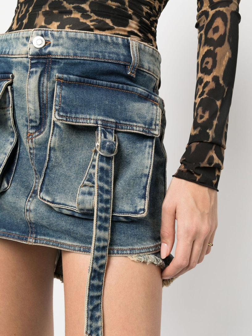 Asymmetric denim cargo skirt