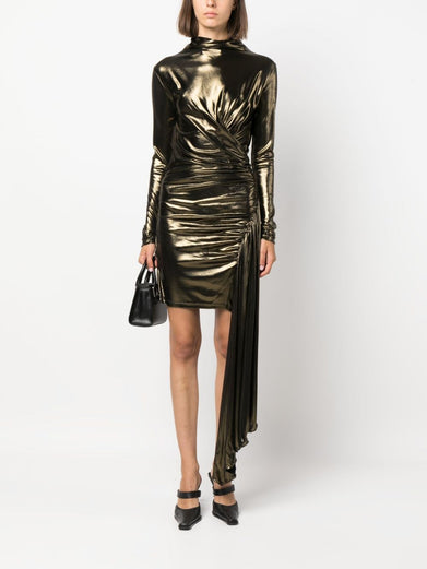 Draped metallic long-sleeve dress