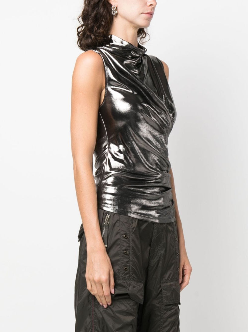 Draped metallic sleeveless top