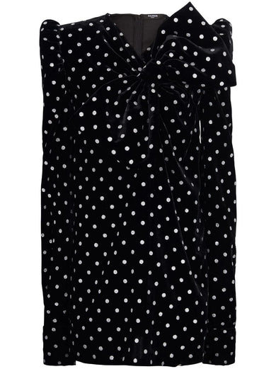 Short velvet dress with silver glitter polka dots