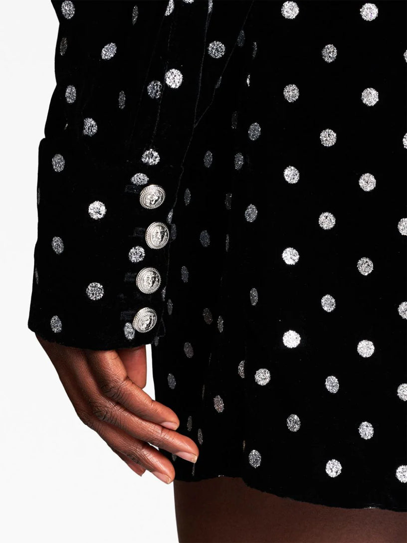 Short velvet dress with silver glitter polka dots