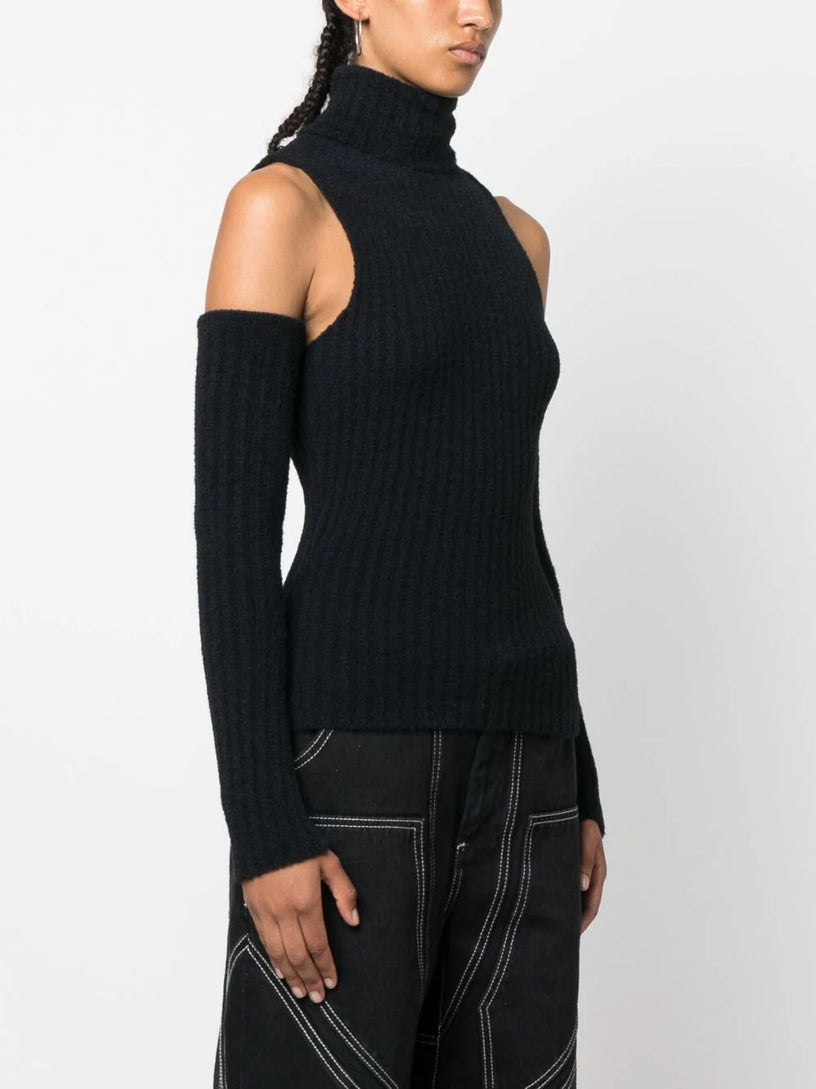 Detachable-sleeves ribbed-knit top