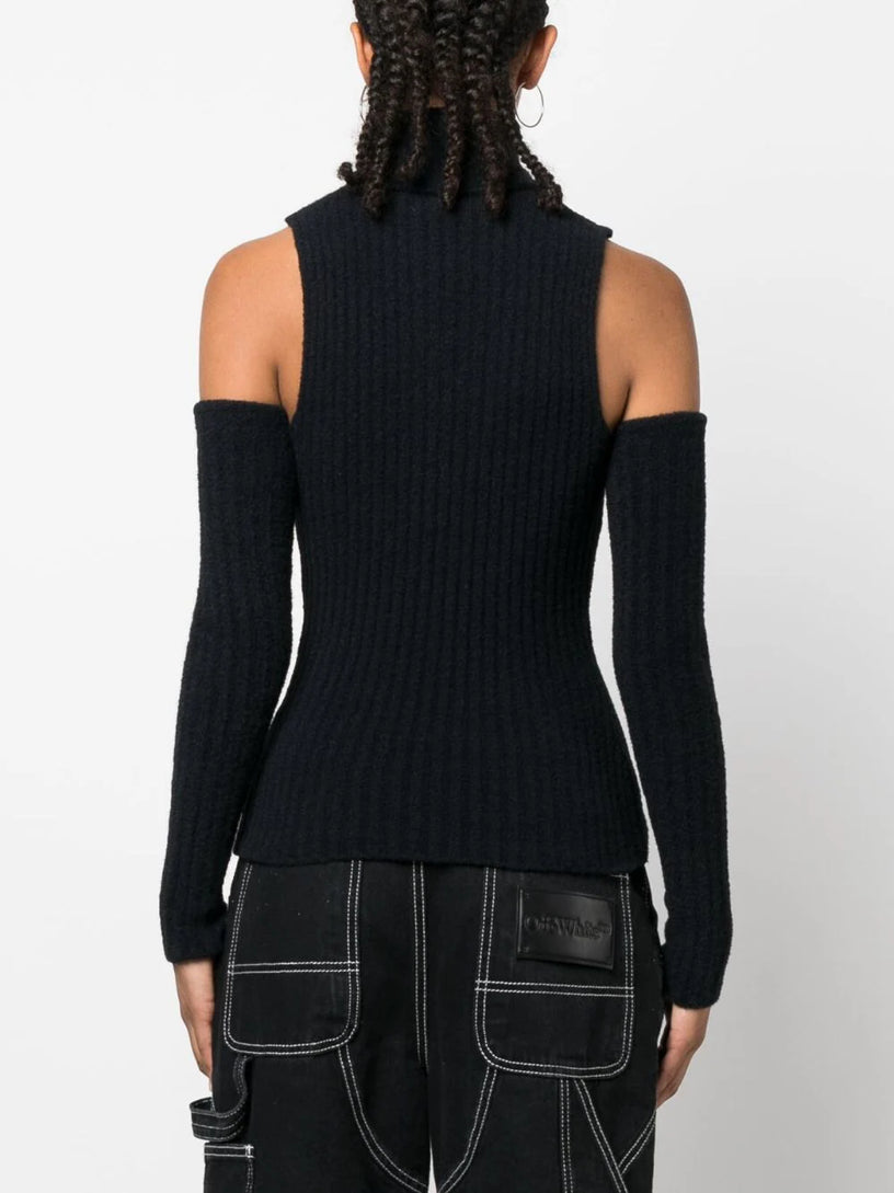 Detachable-sleeves ribbed-knit top