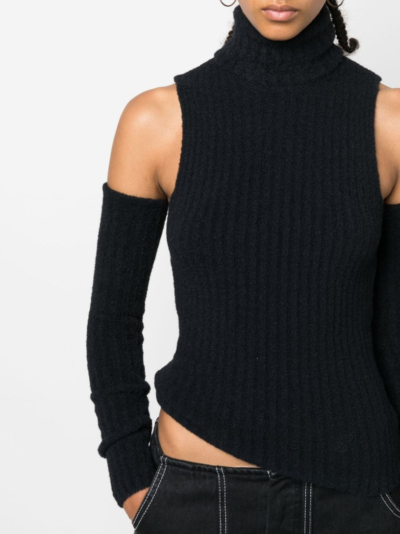 Detachable-sleeves ribbed-knit top