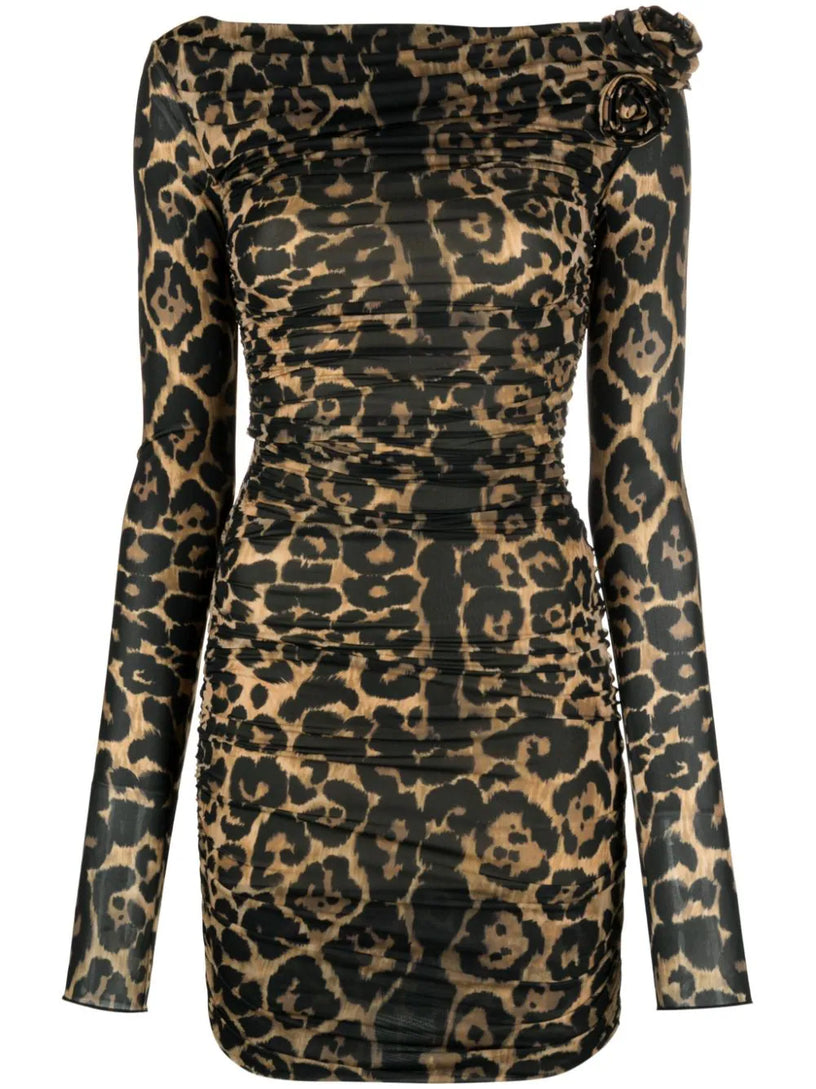 Rose-appliqué leopard dress