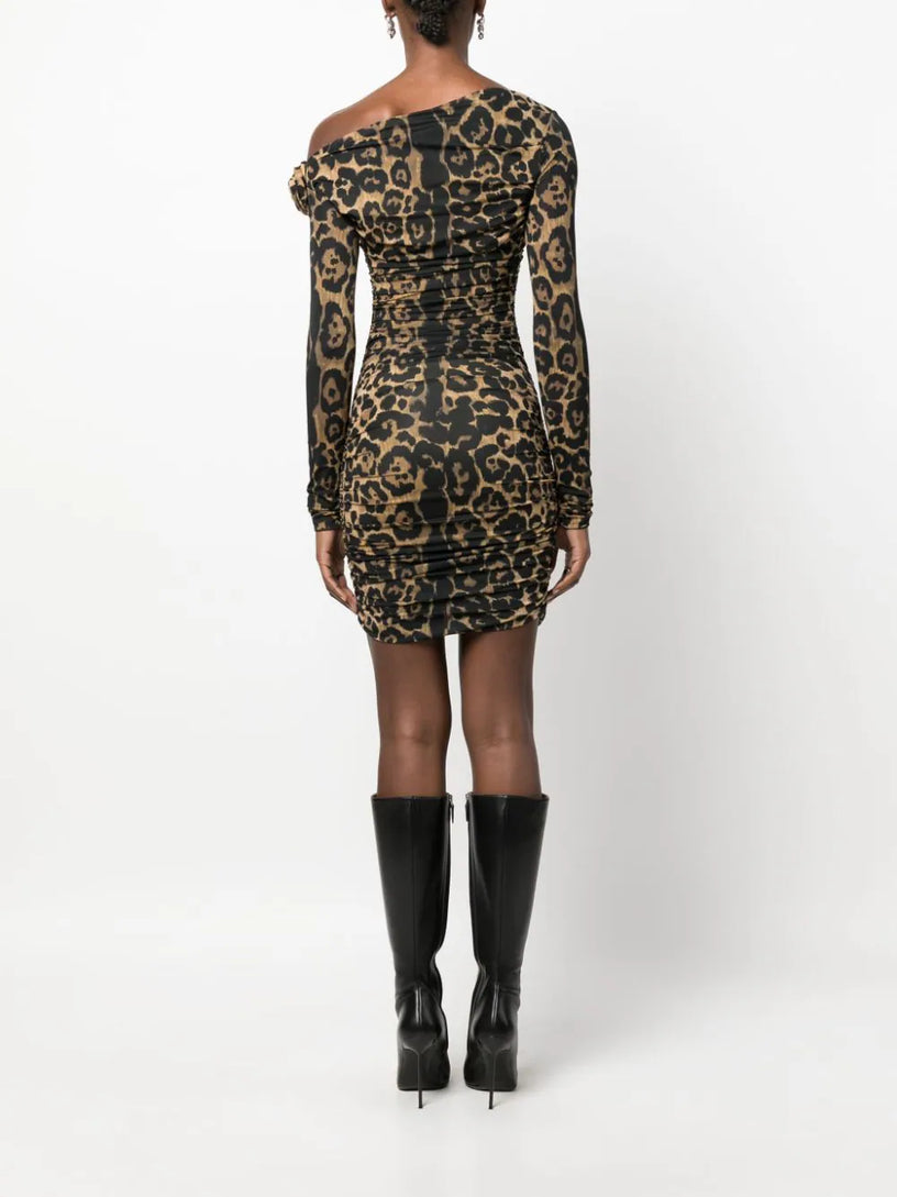 Rose-appliqué leopard dress