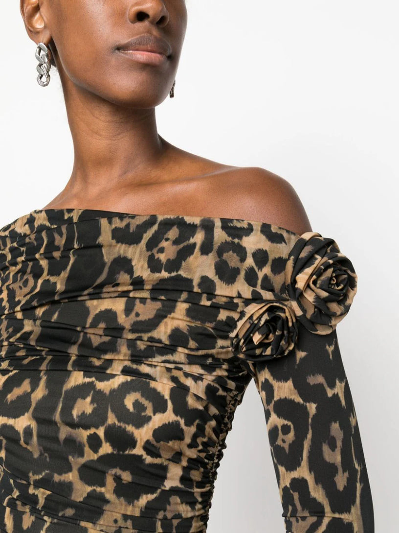 Rose-appliqué leopard dress