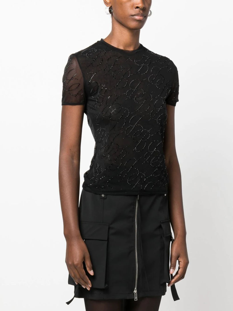 Logo-embellished mesh top