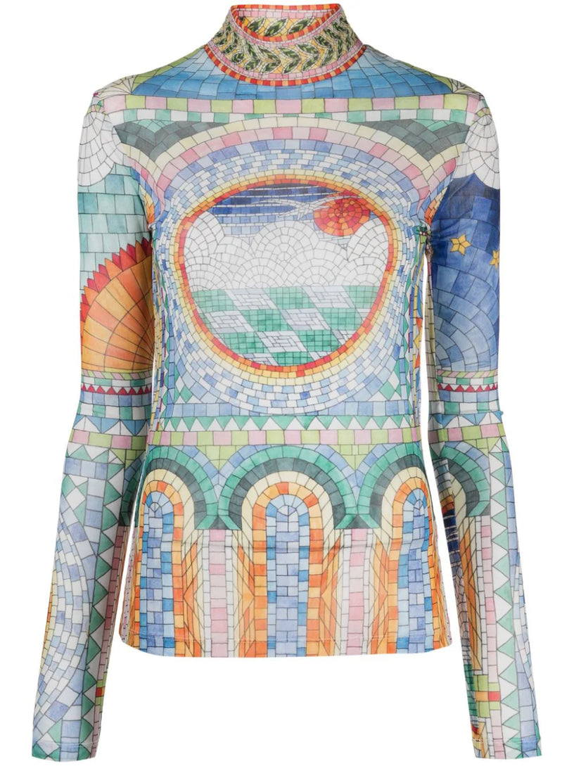 Mosaics de Damas Printed Mesh Top