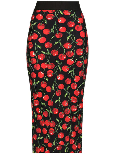 Cherry-print midi pencil skirt