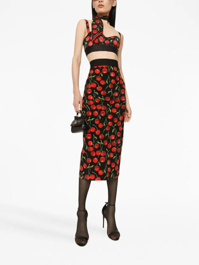 Cherry-print midi pencil skirt