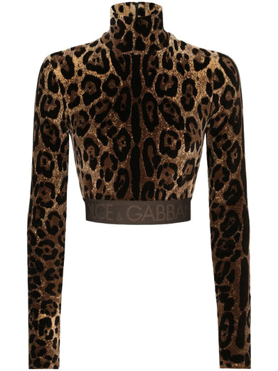 Chenille turtle-neck top with jacquard leopard design