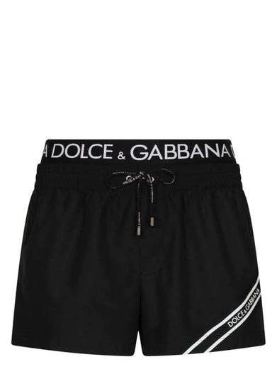 Short swim trunks with branded band