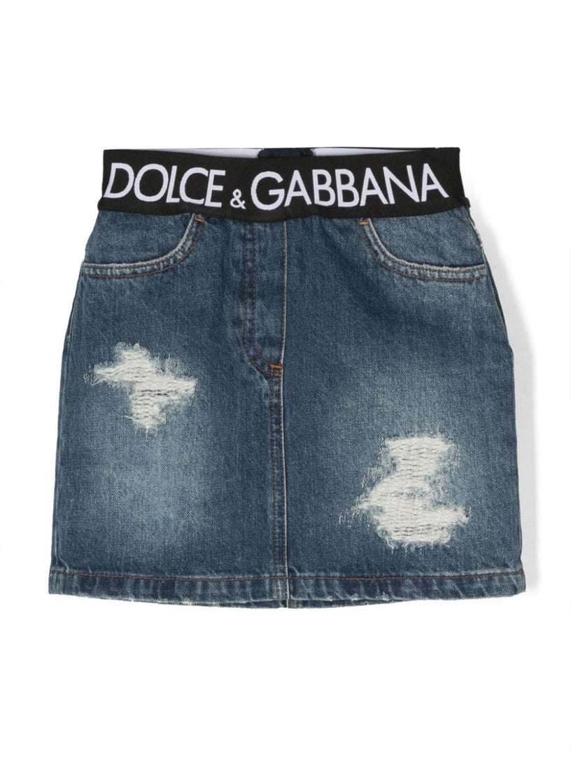 Denim skirt with branded elastic waistband