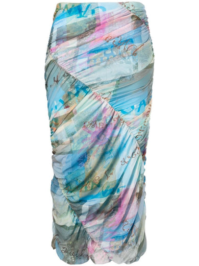 Wild Orchid-print ruched midi skirt