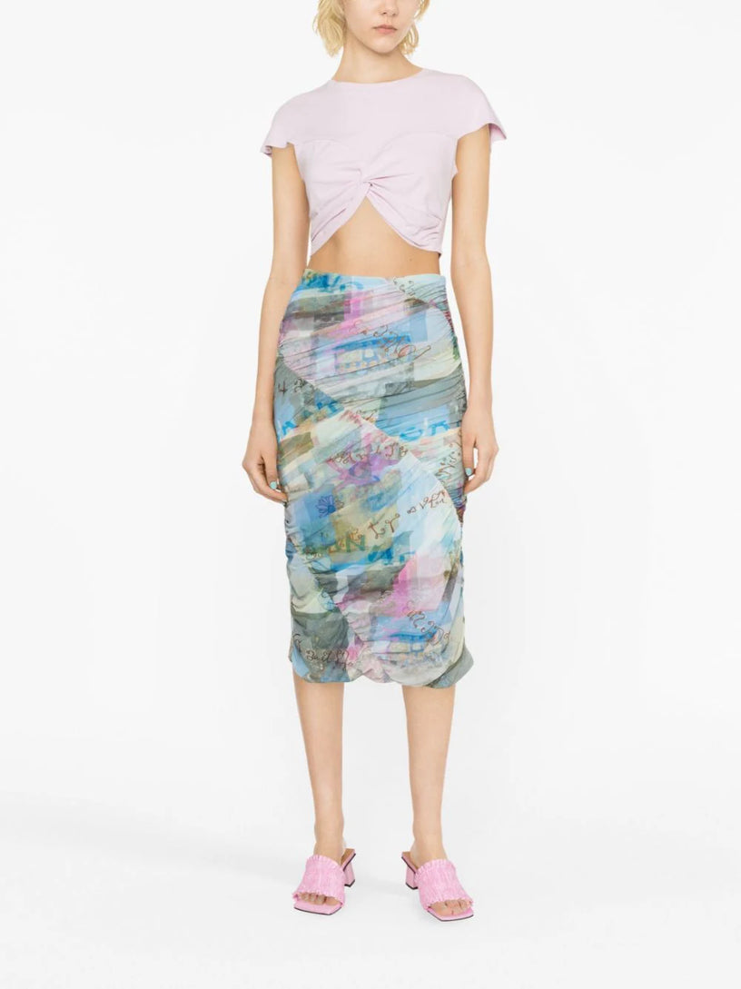 Wild Orchid-print ruched midi skirt