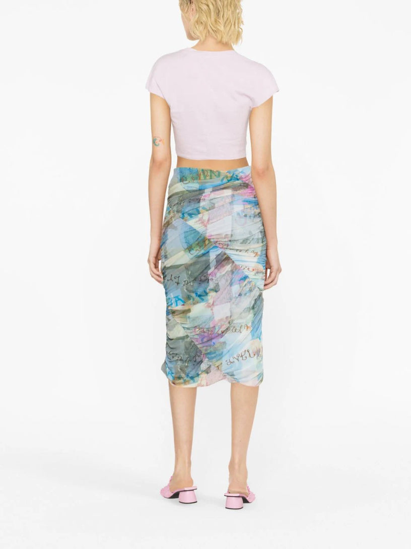 Wild Orchid-print ruched midi skirt