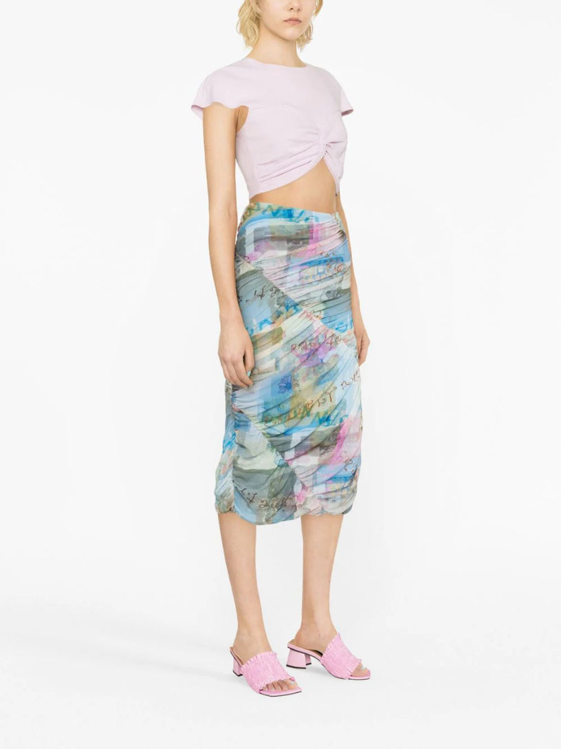 Wild Orchid-print ruched midi skirt