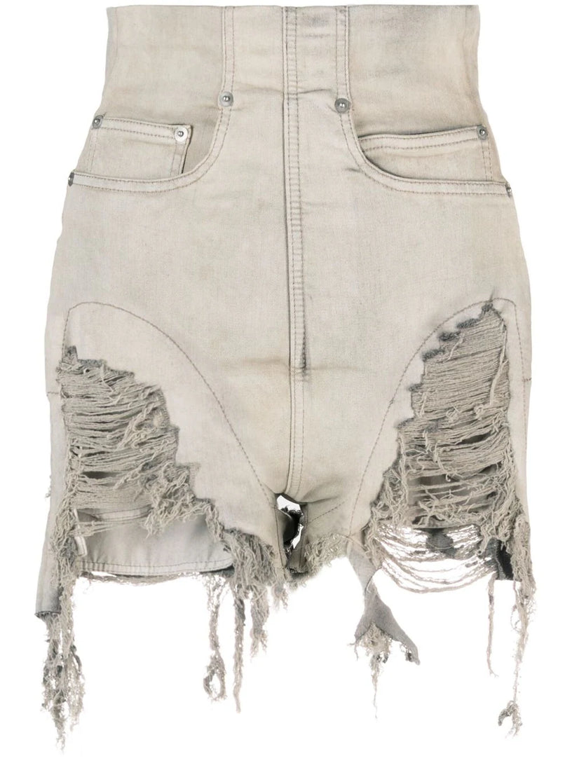 Dirt cutoffs in mineral pearl stretch denim