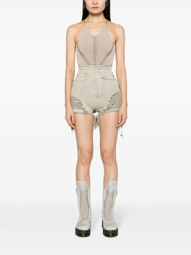 Dirt cutoffs in mineral pearl stretch denim