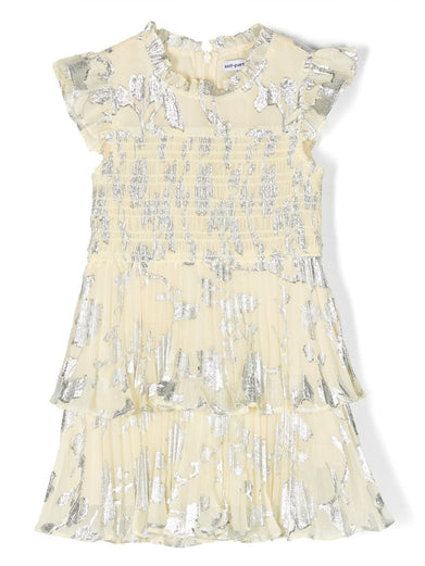 Yellow Metallic Jacquard Tiered Dress