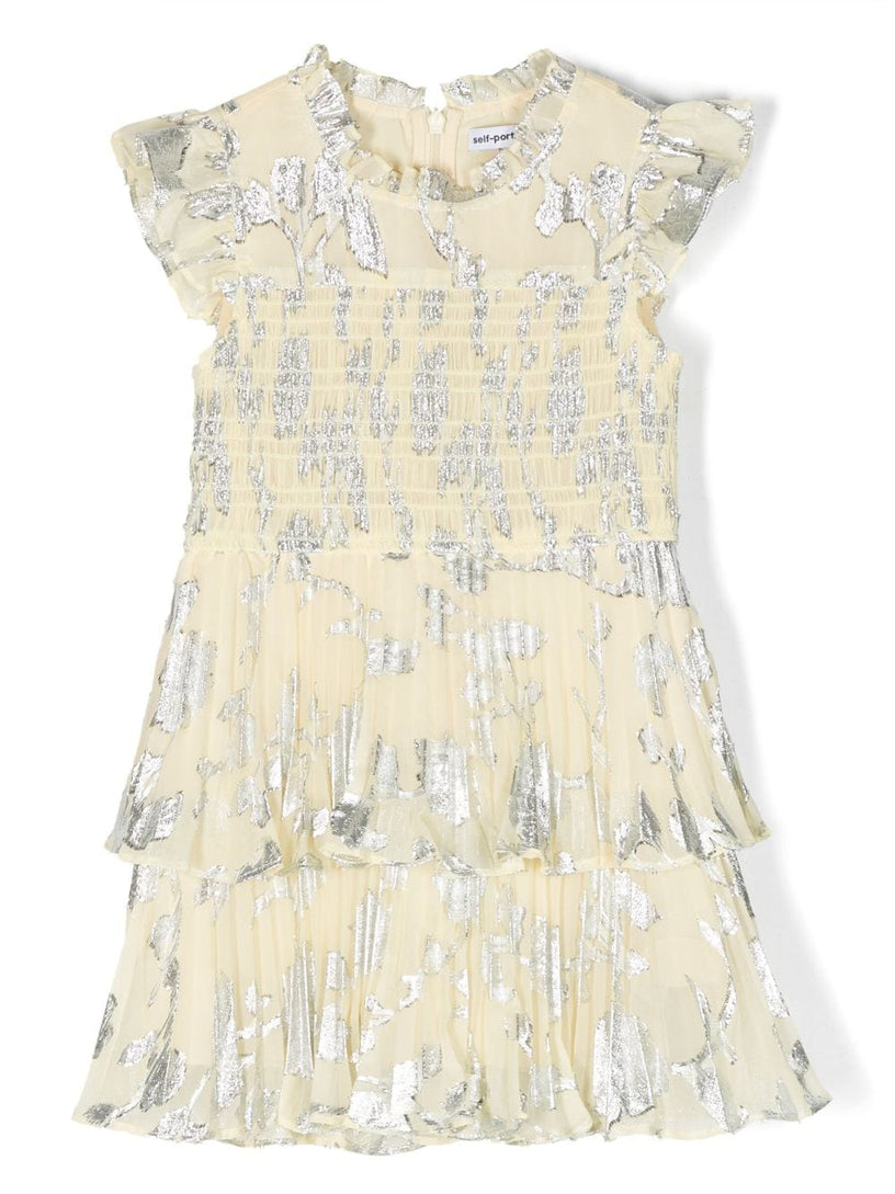 Yellow Metallic Jacquard Tiered Dress