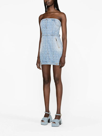 Versace Allover denim mini dress