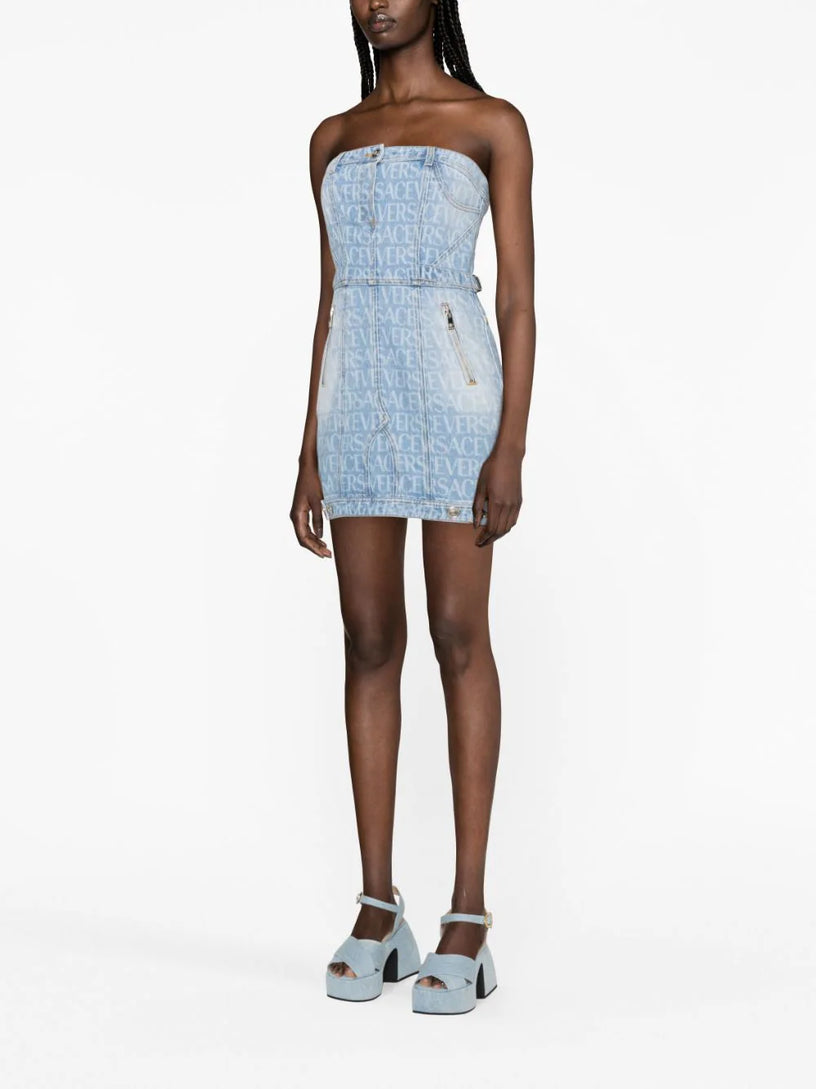 Versace Allover denim mini dress