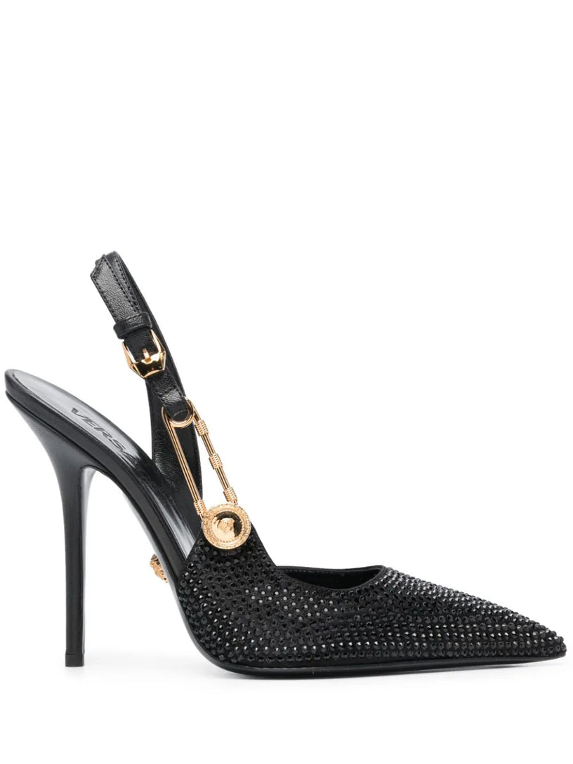 VERSACE Crystal safety pin metallic pumps