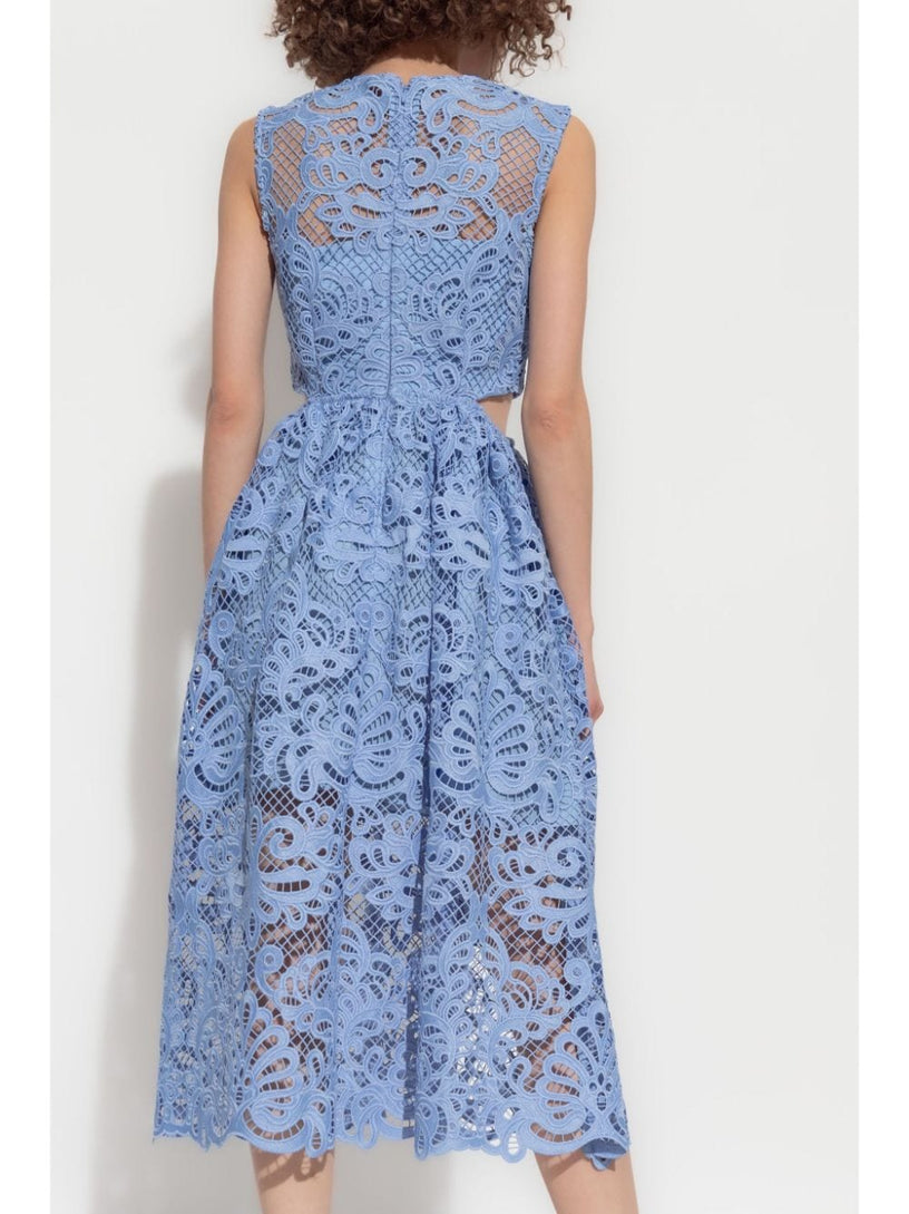 Blue lace cut out midi dress