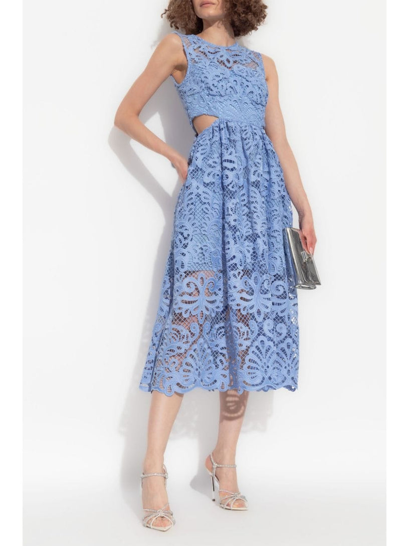 Blue lace cut out midi dress