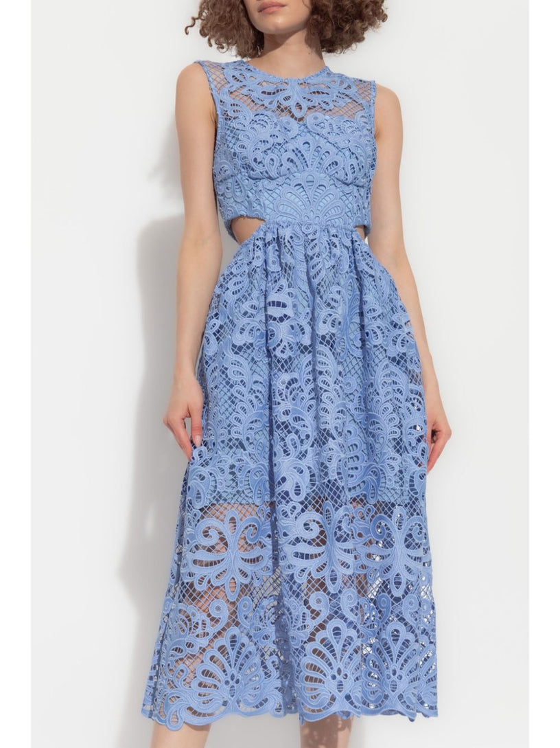 Blue lace cut out midi dress