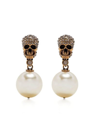 Pearl Skull Earrings With Pavé in Antique Gold