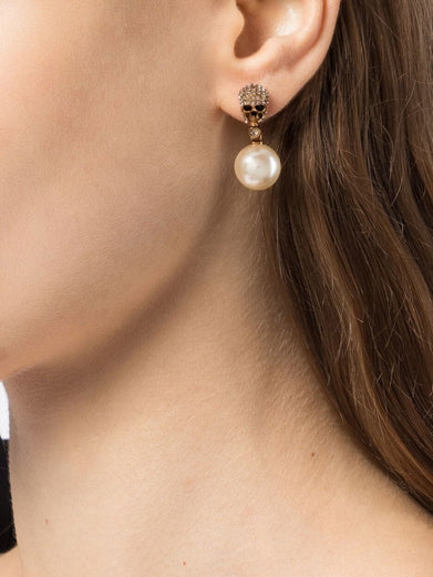 Pearl Skull Earrings With Pavé in Antique Gold