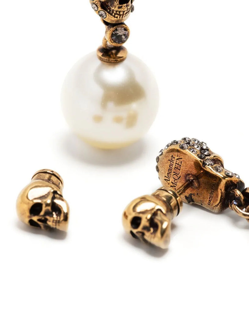 Pearl Skull Earrings With Pavé in Antique Gold