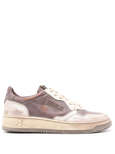 Super vintage low sneakers in white leather and mud patridge