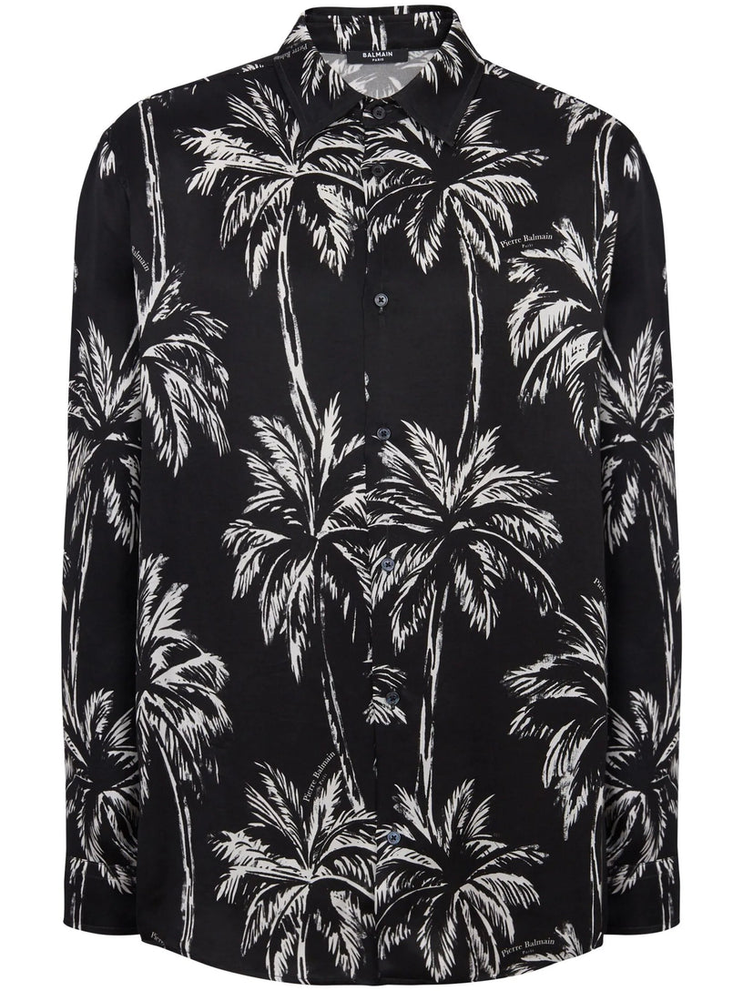 BALMAIN Printed satin palm tree shirt