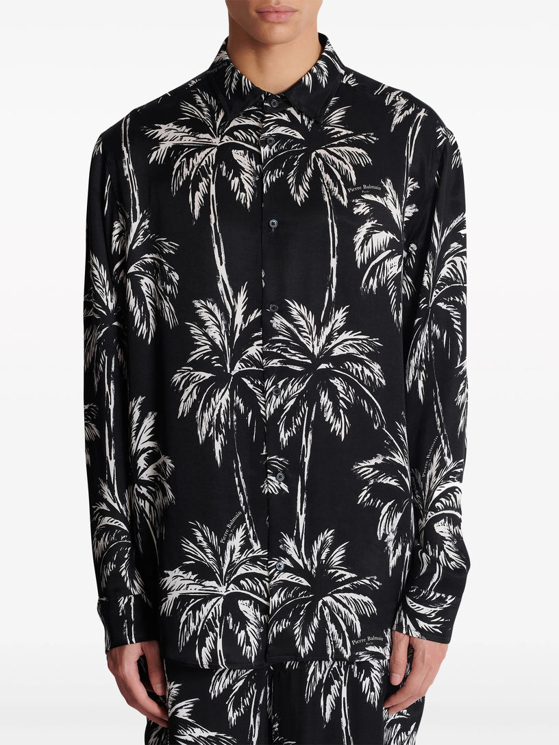 Printed satin palm tree shirt