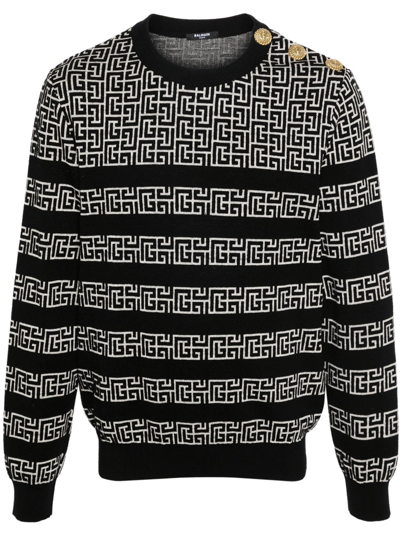 BALMAIN Marinière wool and linen pullover with pb labyrinth monogram