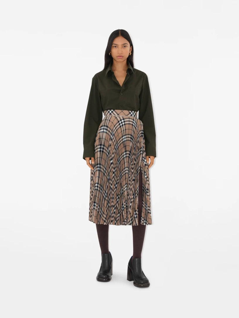 Check wool blend skirt with pleats