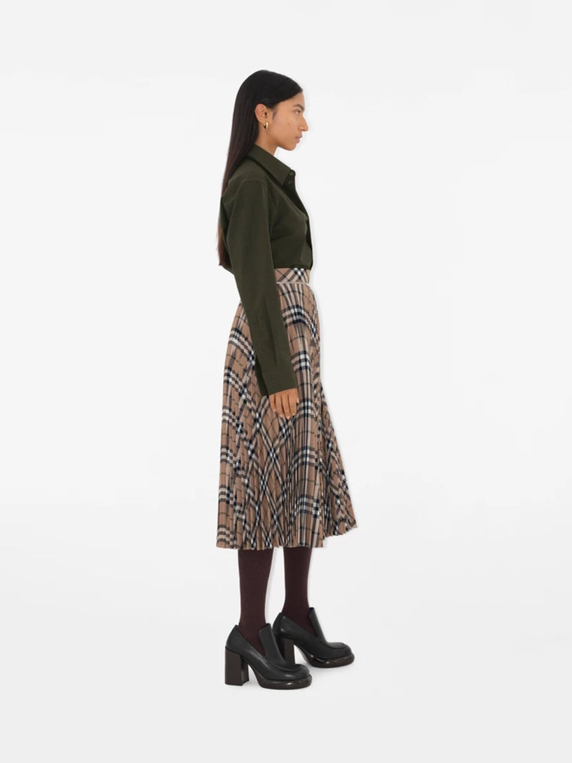 Check wool blend skirt with pleats