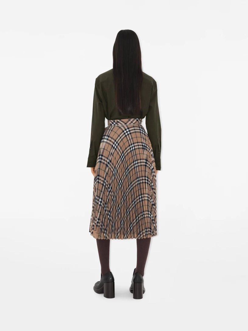 Check wool blend skirt with pleats