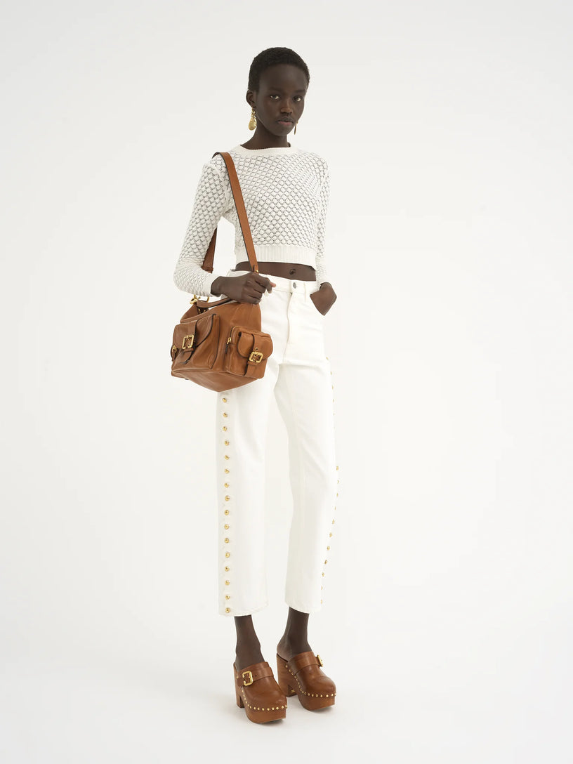 Cropped jumper in cotton pointelle knit