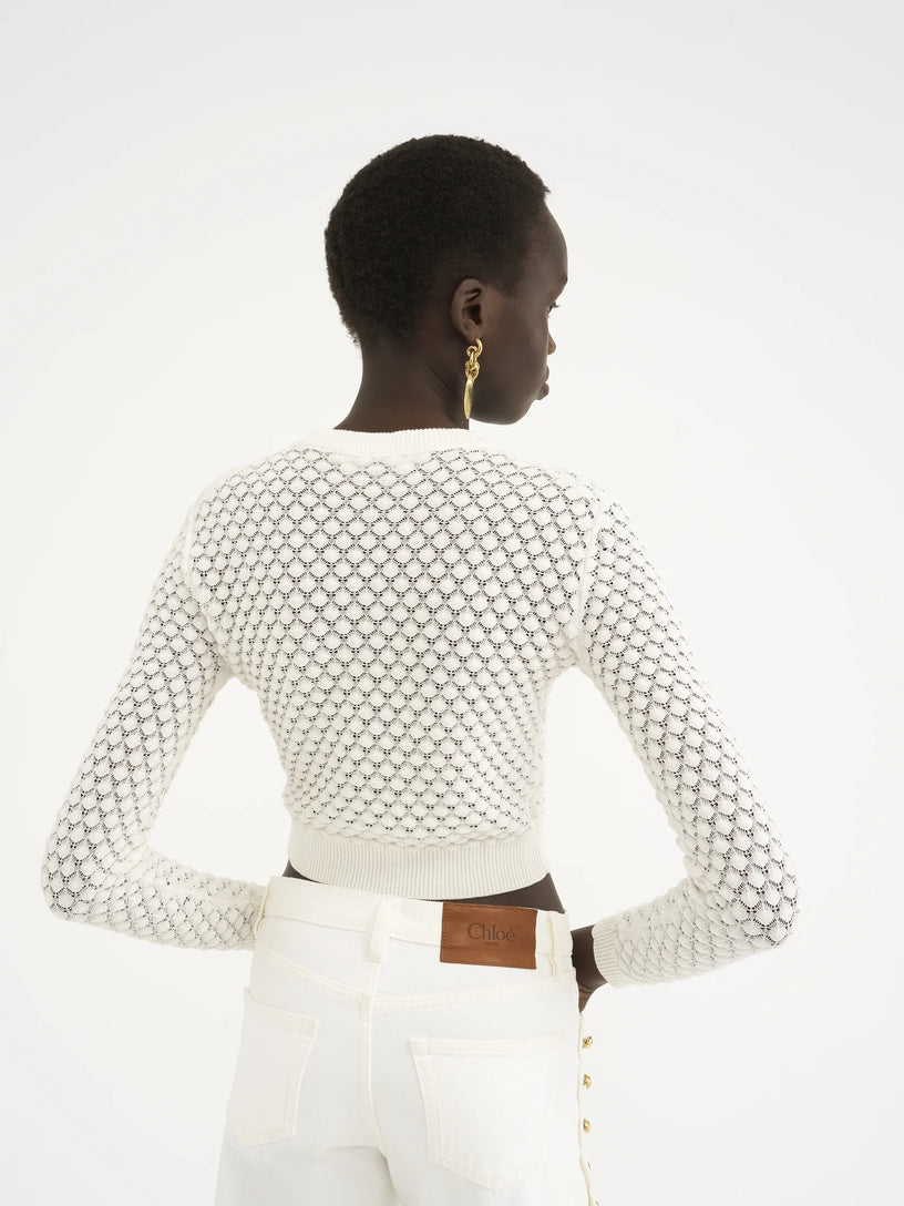 Cropped jumper in cotton pointelle knit