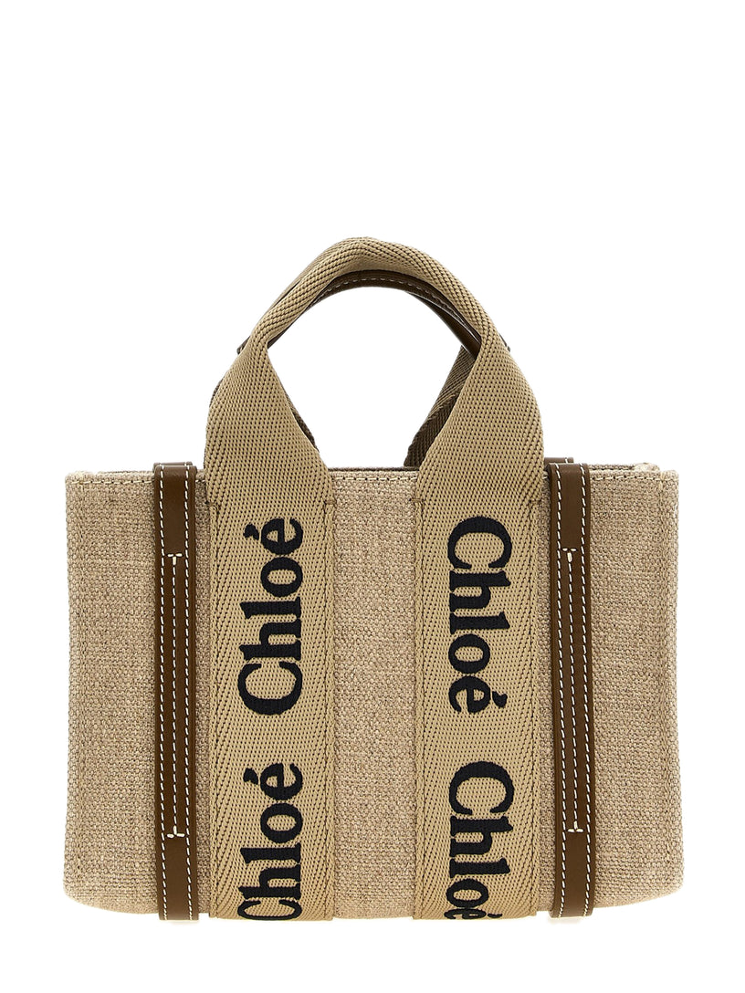 Mini Woody tote bag in linen and leather