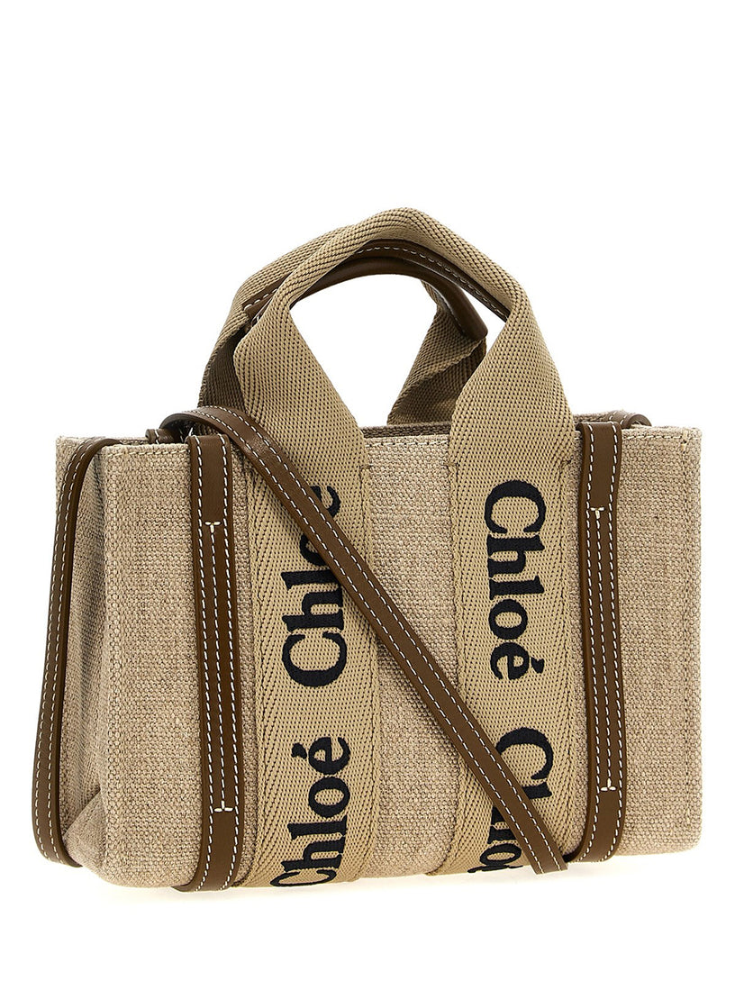 Mini Woody tote bag in linen and leather