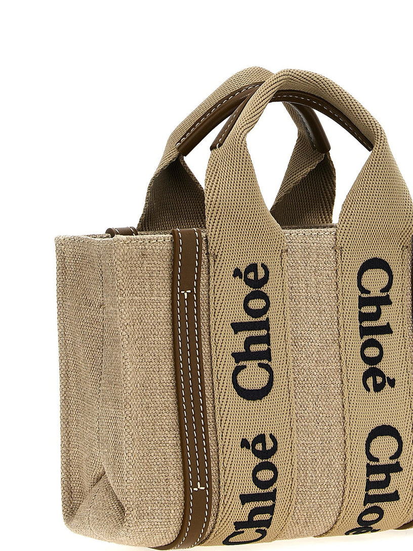 Mini Woody tote bag in linen and leather