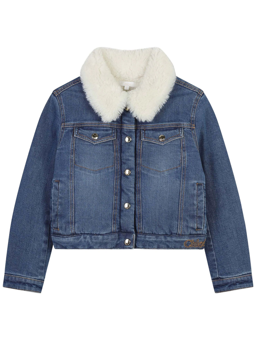 Chloé Kids Denim jacket with faux fur collar