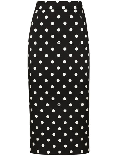 Charmeuse calf-length pencil skirt with polka-dot print